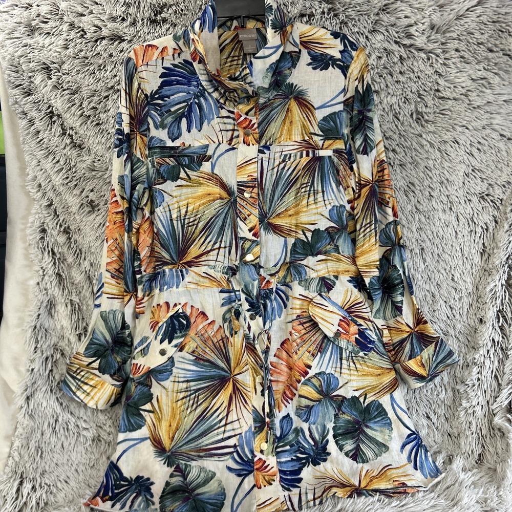 CHICO'S 2 US 12/14 Tropical Vacation 100% Linen Utility Jacket Mid Length Resort